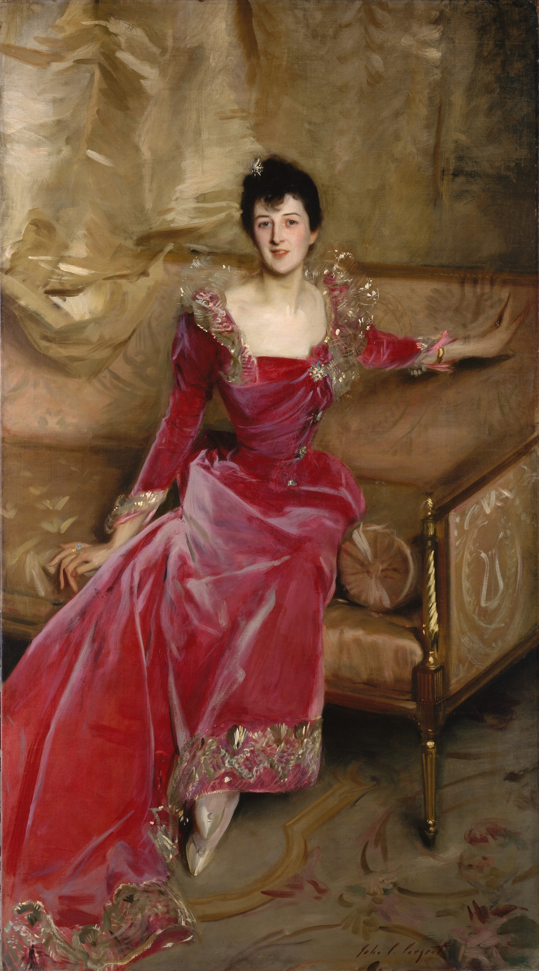 Oil on canvas painting of a fashionable late 19th century Englishwoman seated and wearing a dark pink dress
