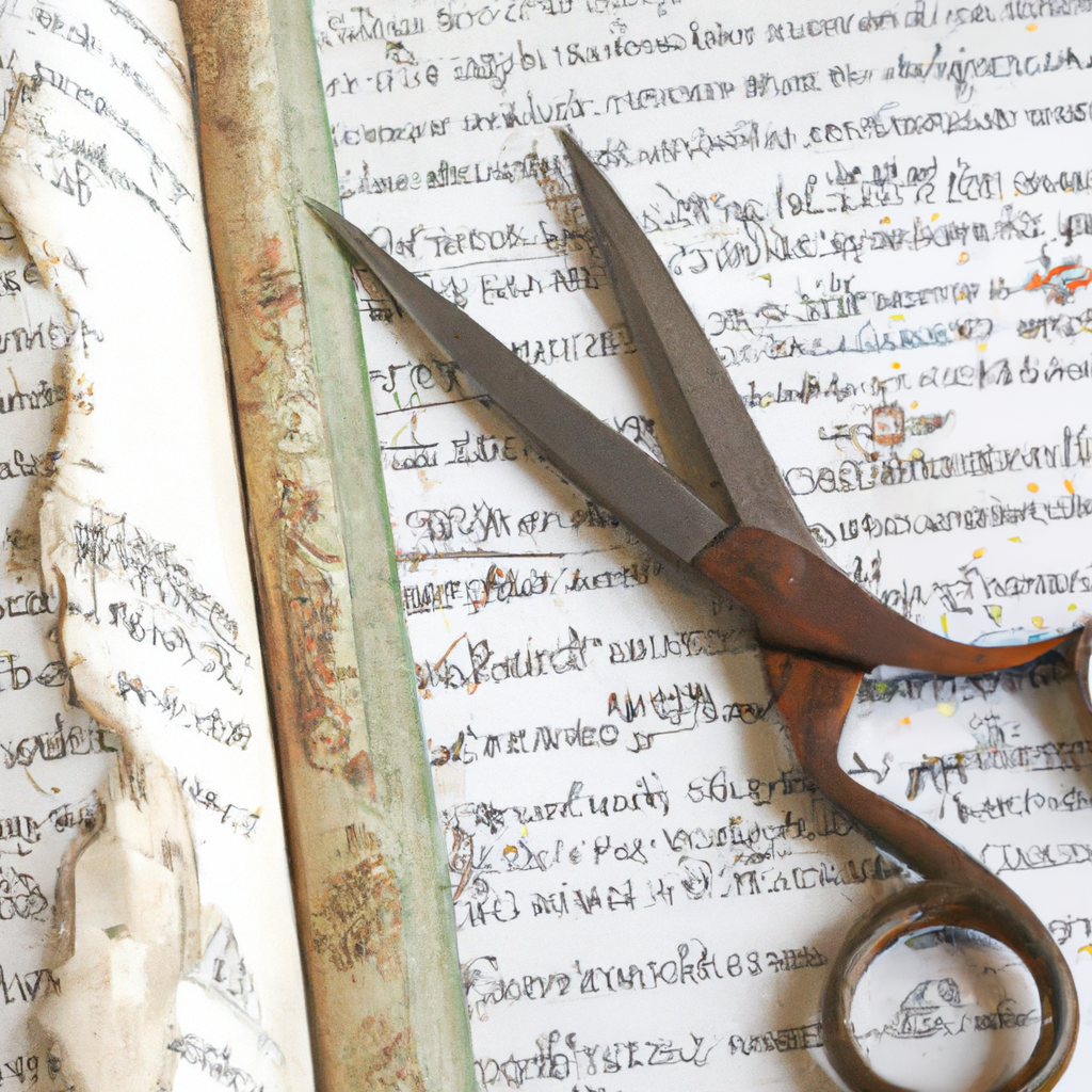 A lengthy historical manuscript and a pair of scissors
