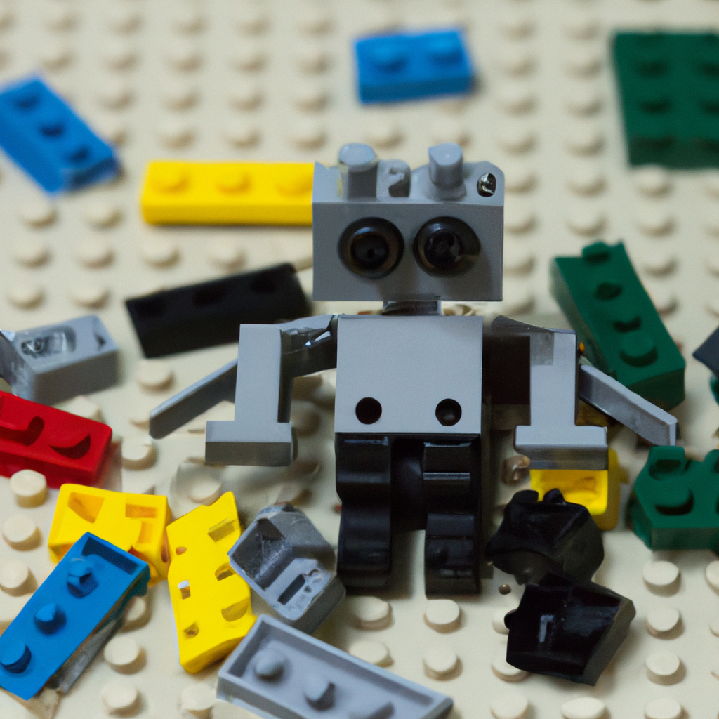A partially constructed mini lego robot surrounded by lego bricks