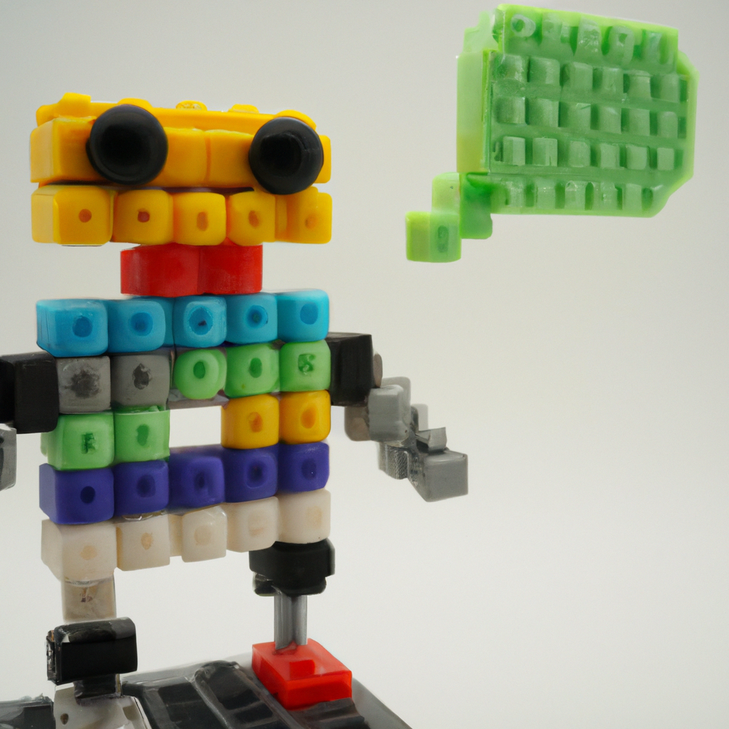 A mini robot made of building blocks with a speech bubble from its mouth