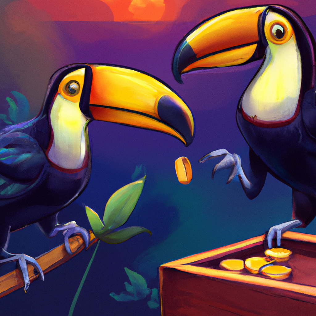 Two toucans counting tokens, digital art