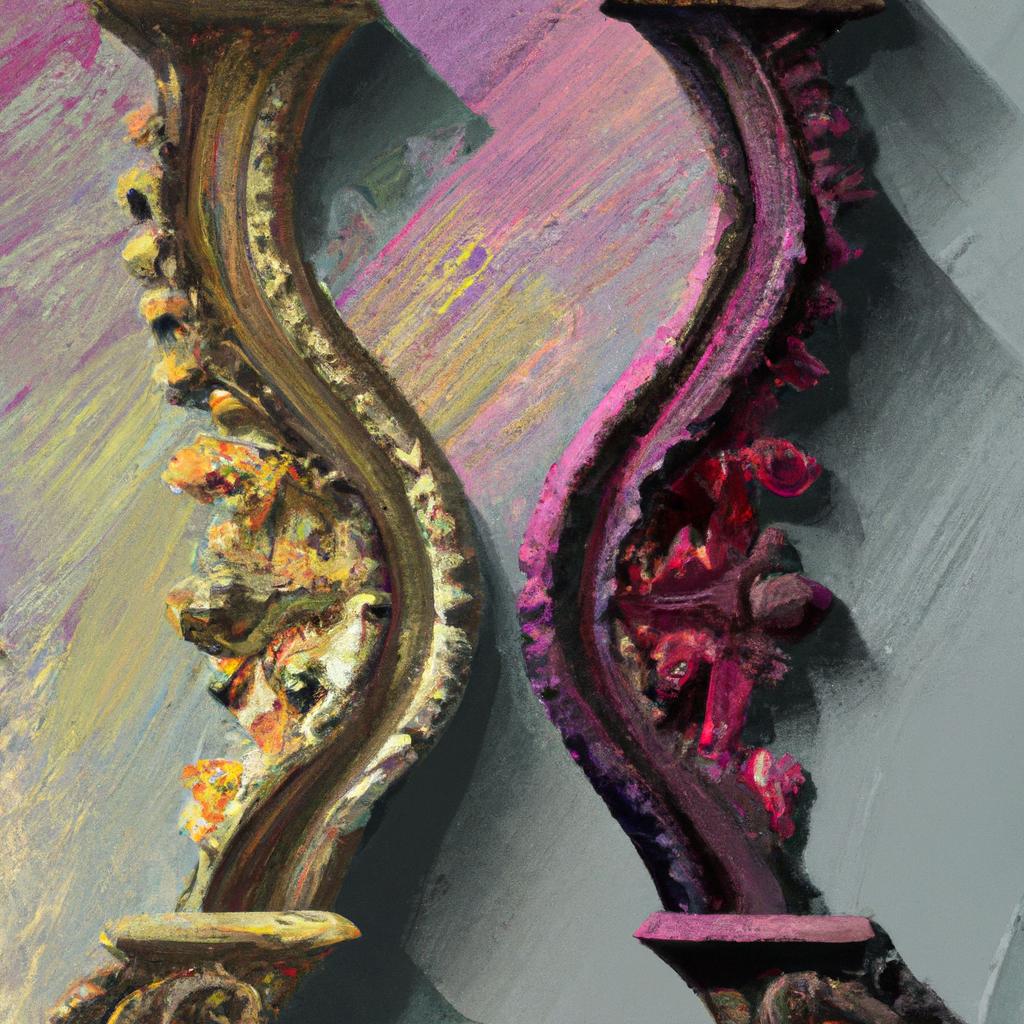 A painting showing a pair of colourful curly cornice brackets, digital art