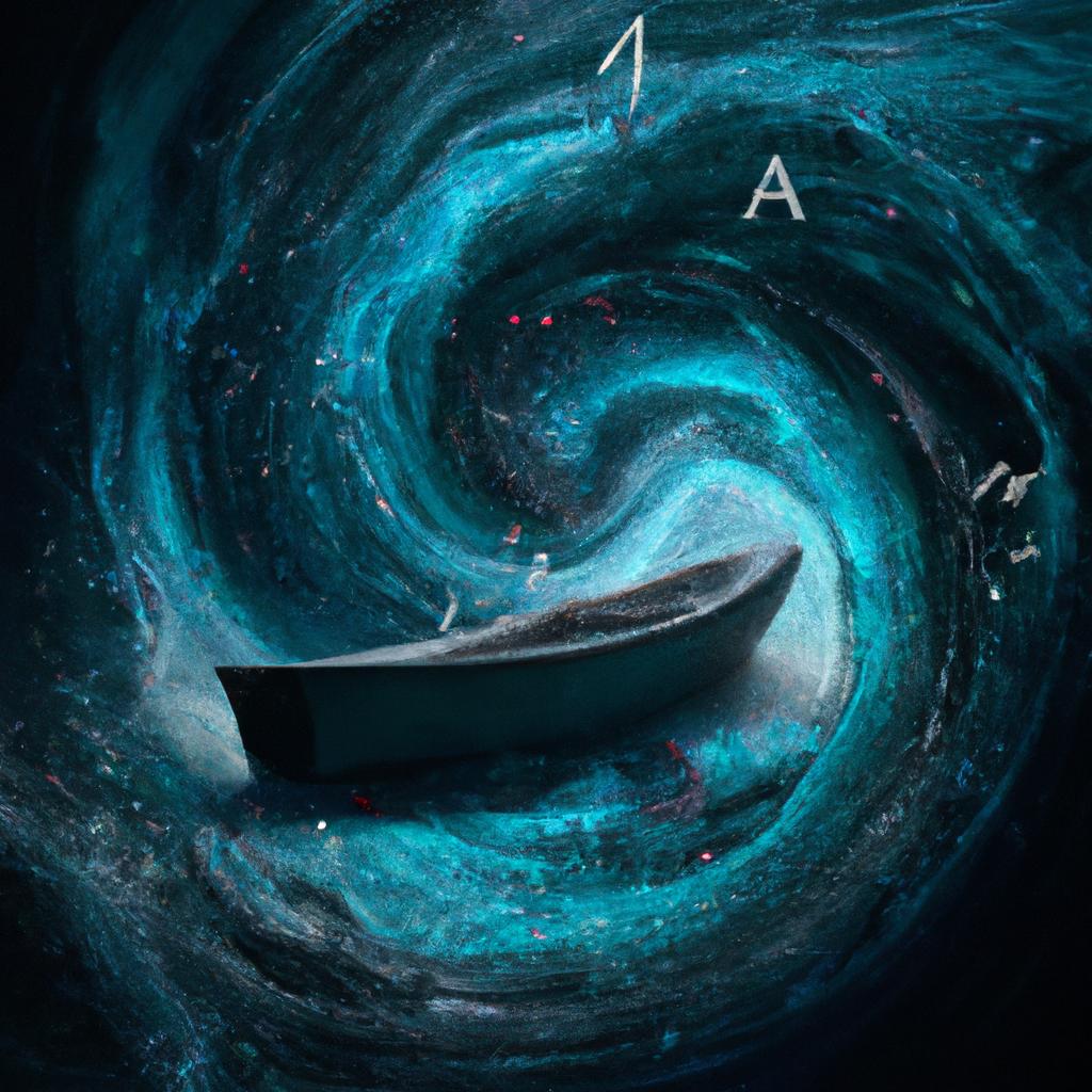A boat going around a fluid vortex representing the circulation of a vector field, mathematics, digital art
