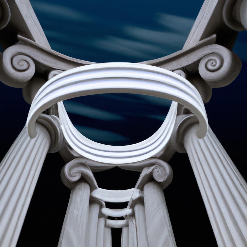 An illustration of infinity surrounded by Greek columns, digital art, mathematics