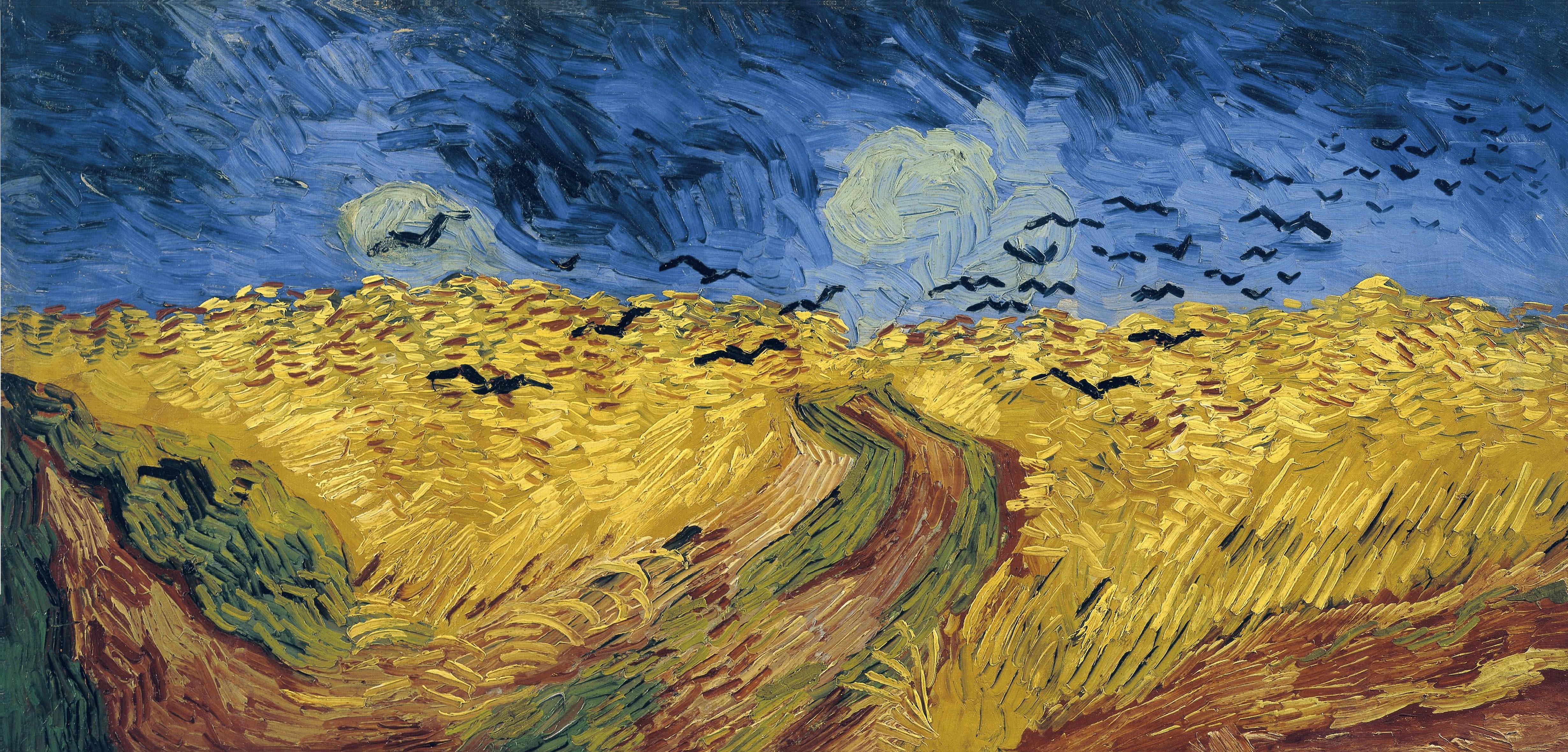 Painting showing a wheat field with crows flying above